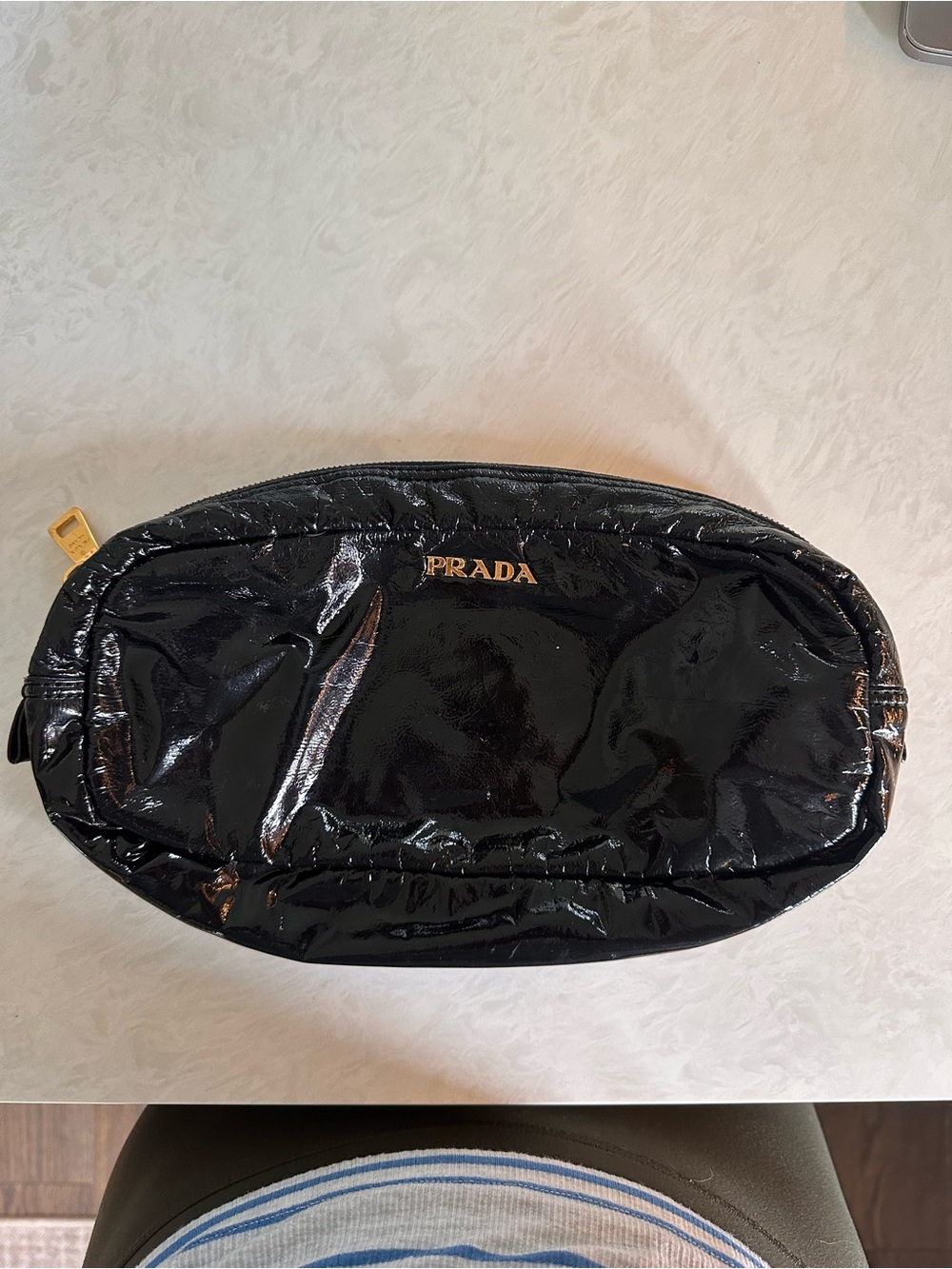 Prada Black Patent Cosmetic Pouch with Gold Detail
